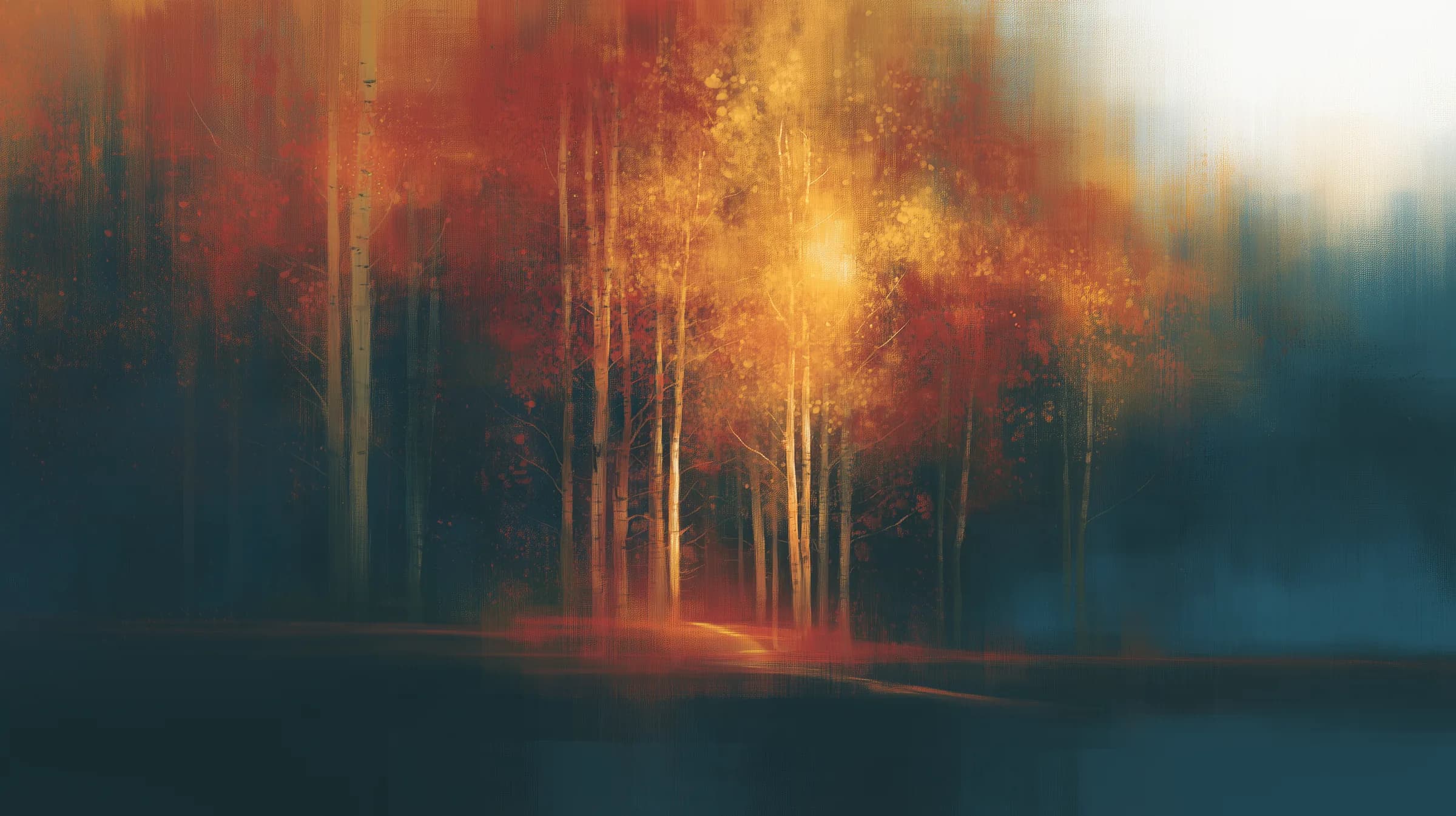 Painting of an aspen grove at golden hour, light falling through the trunks