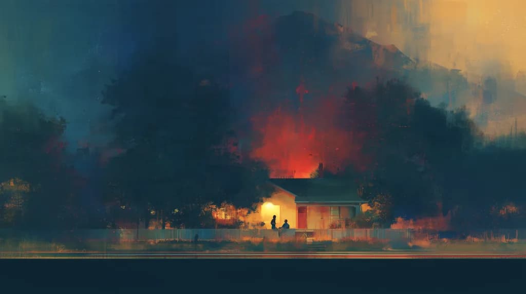 Two neighbors conversing warmly on a front porch at dusk under glowing amber light